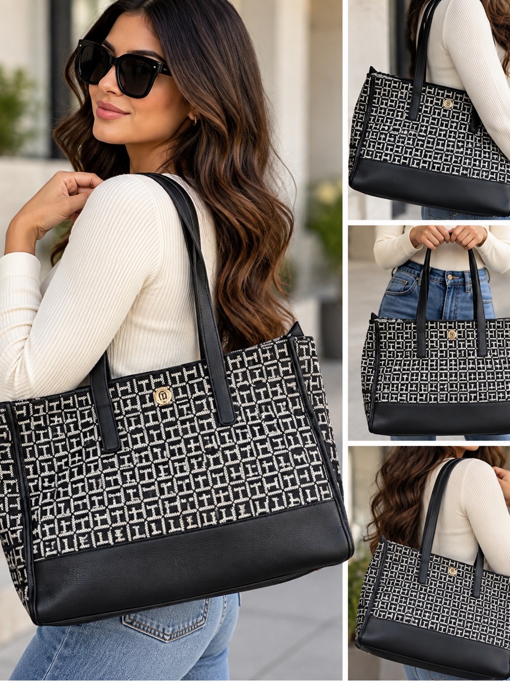 Tommy Hilfiger Black White TH Monogram Large Tote Shoulder Bag Gold Tone